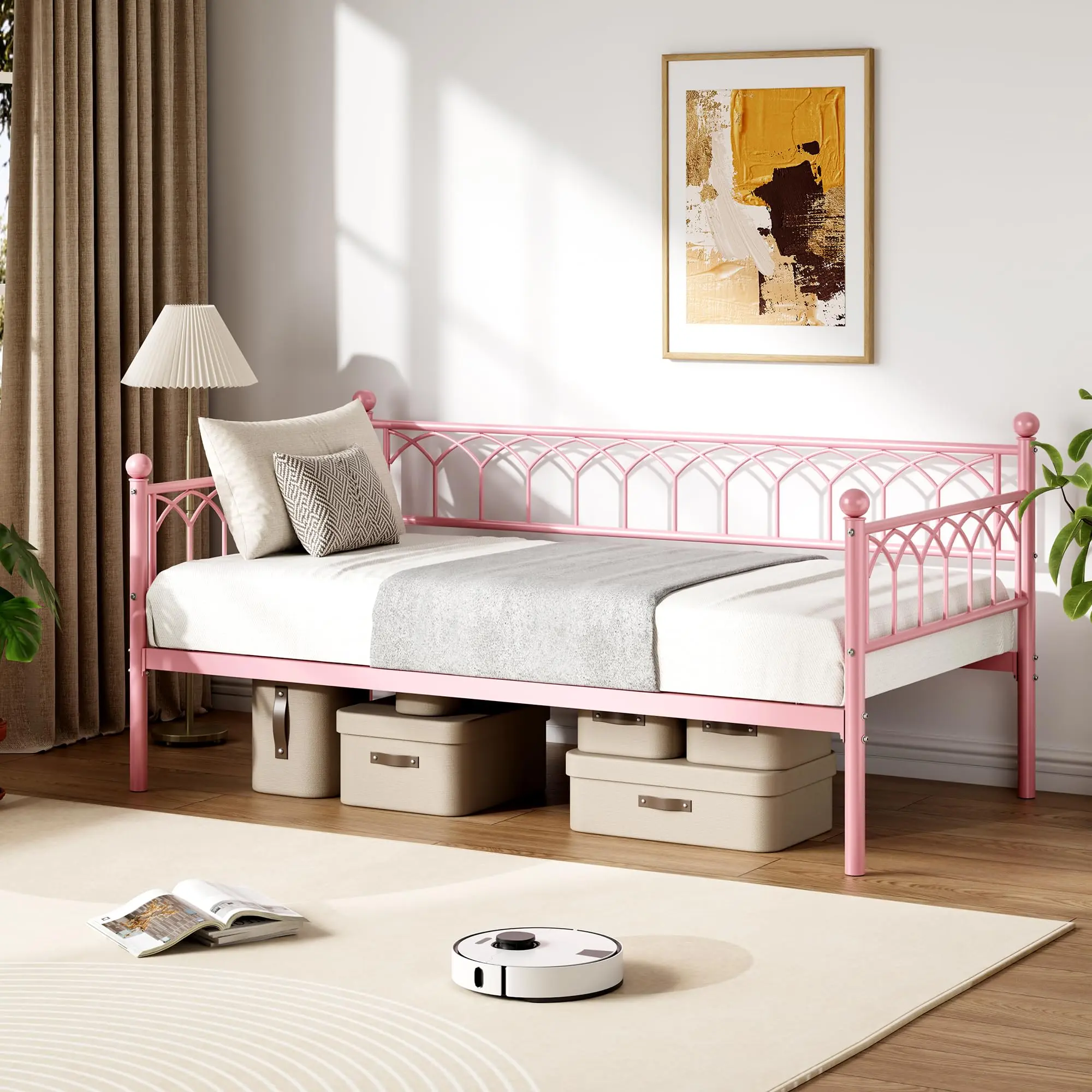 Daybed with Pop-Up Trundle & LED Lights, Pull Out Bed Frame with Charging Station, Metal Sofa Bed for Living Room, Guest Room & Small Spaces