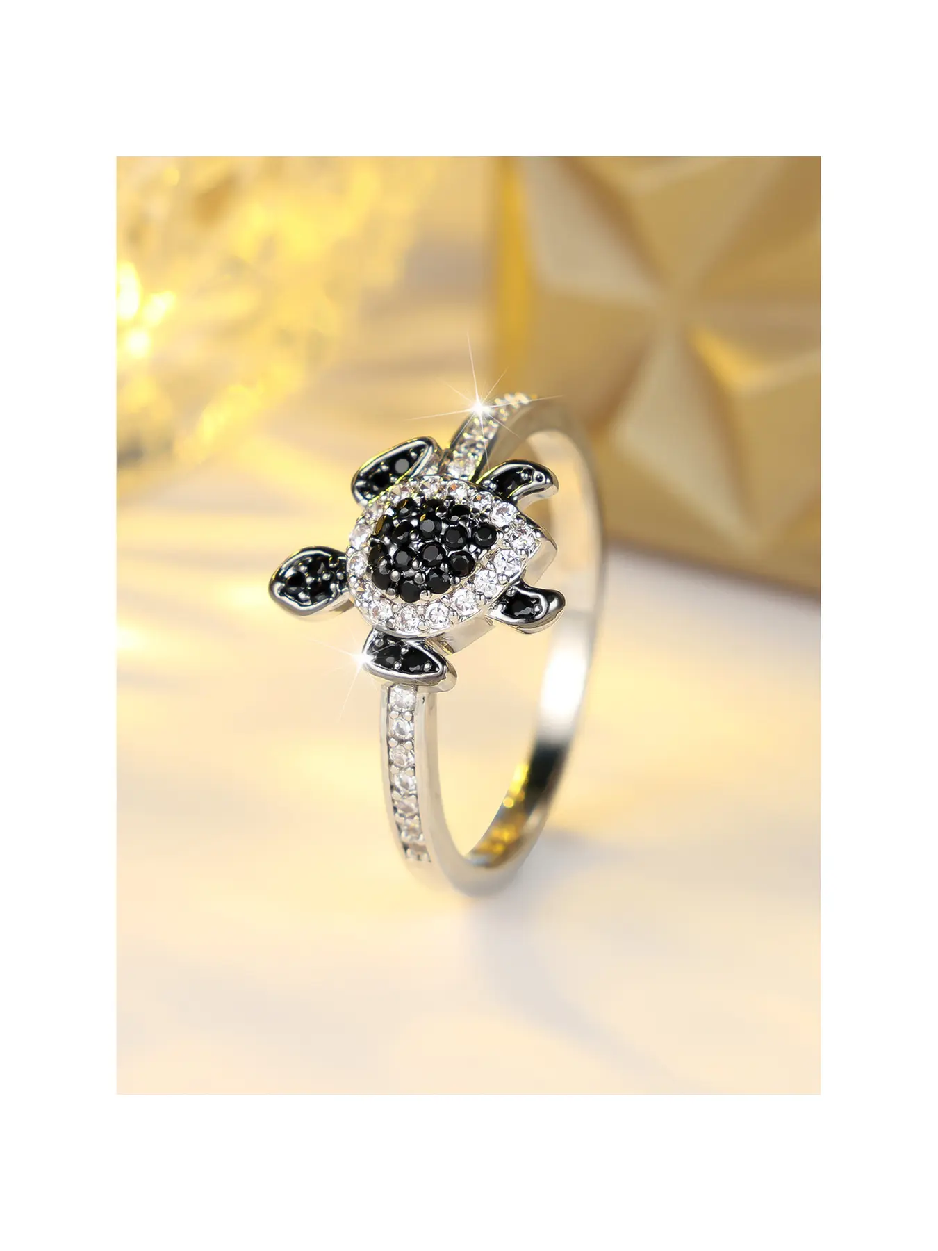 Silver Tone Sea Turtle Animal Ring Black CZ Paved Tortoise Shell With White Zircon Halo Border Half Paved Band Ocean Theme Statement Finger Ring For Women Daily Wear