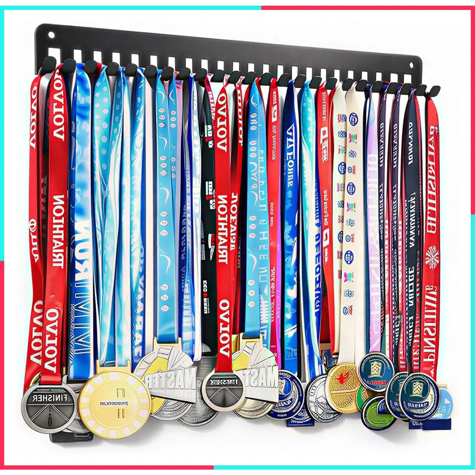 Wall Mounted Medal Holder Organizer Rack, 15.4 Inch Metal Storage Frame with 24 Hanging Hooks, Holds 60 Sport Medals & Race Bibs, Easy Installation 1 Pack