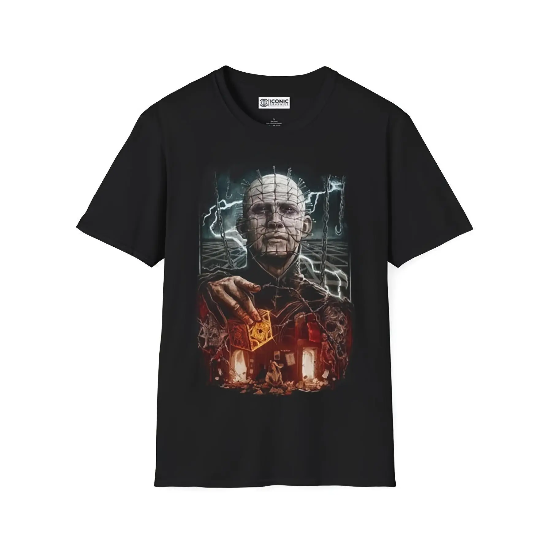 Men's Hellraiser T-Shirt with Pinhead Graphic, Vintage Alternative Goth Short-Sleeve Horror Streetwear, Alternative Goth Men's Short-Sleeve T-Shirts, Horror Style Men's Short-Sleeve T-Shirts