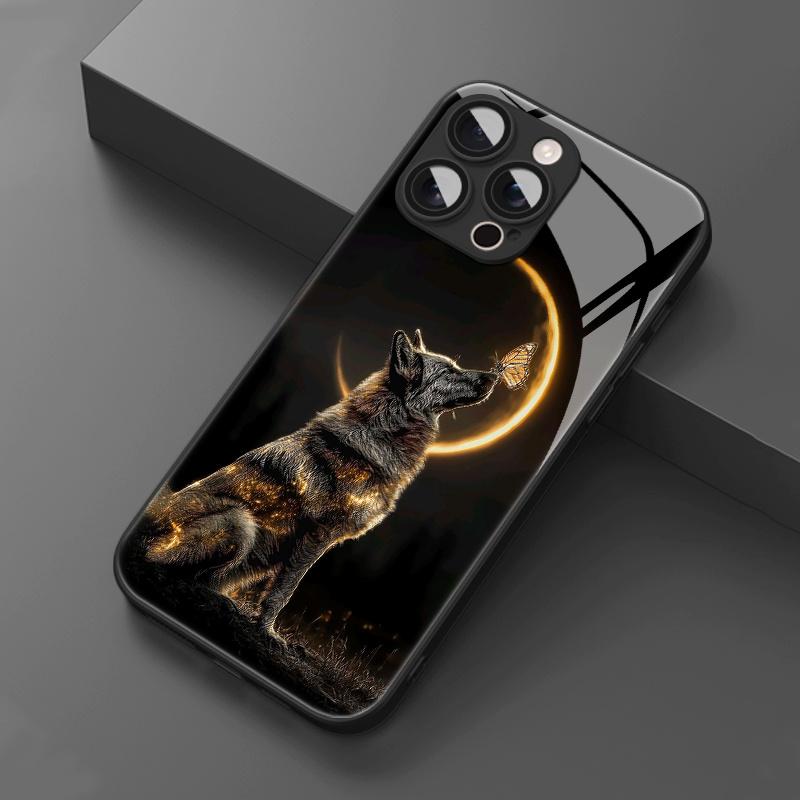 Phone Case: Artistic Fashion Moon Black Wolf Pattern Glass Phone Case, Suitable for iphone17 17Air 16 Pro 15 Promax 14 Plus 13 12 11, Full Coverage, High-Definition Tempered Glass, Stylish Protective Cover, Device Protective