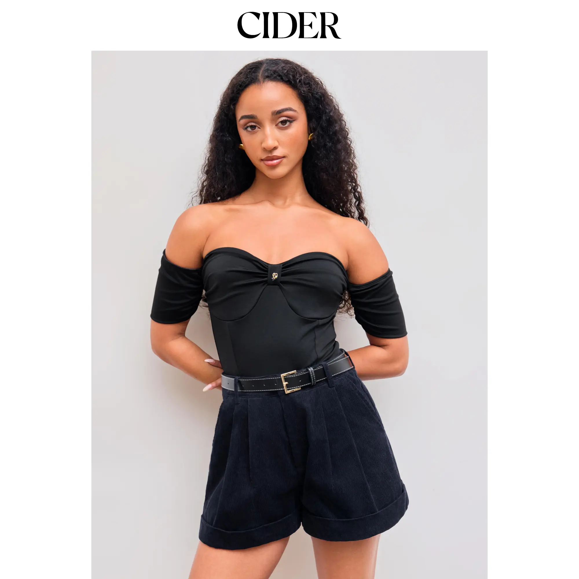 Cider [size 2-10] Off-shoulder Solid Ruched Button Bodysuit