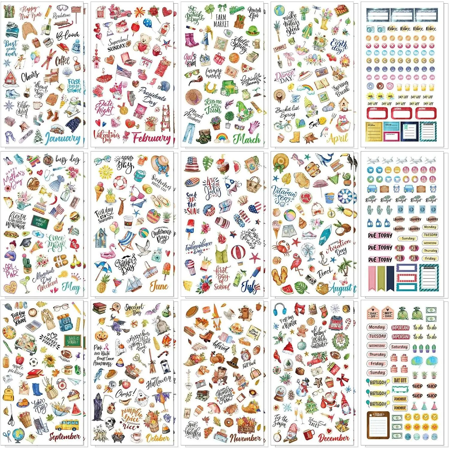 30 Sheets 1500+ Pieces Monthly Planner Stickers  Seasonal  Pack Holiday Calendar Stickers Planner Accessories Daily Journal  for Journaling Scrapbook Budget, 15 Styles