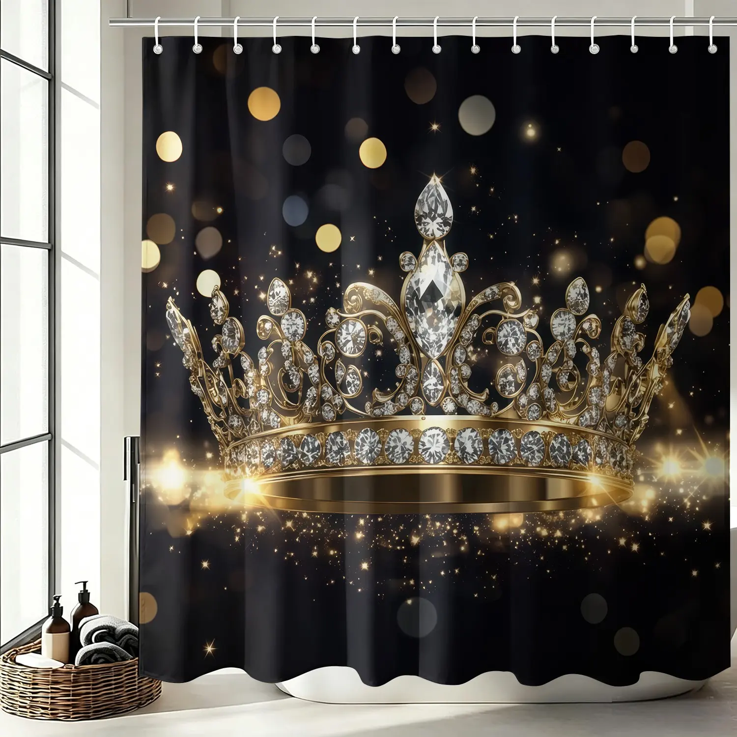 Aesthetic Glam Crystal Tiara Crown Printed Shower Curtain Dark Backdrop With Twinkling Sparkles And Blurred Light Spots Stylish Modern Bathroom Ornament Curtain With Free Hooks