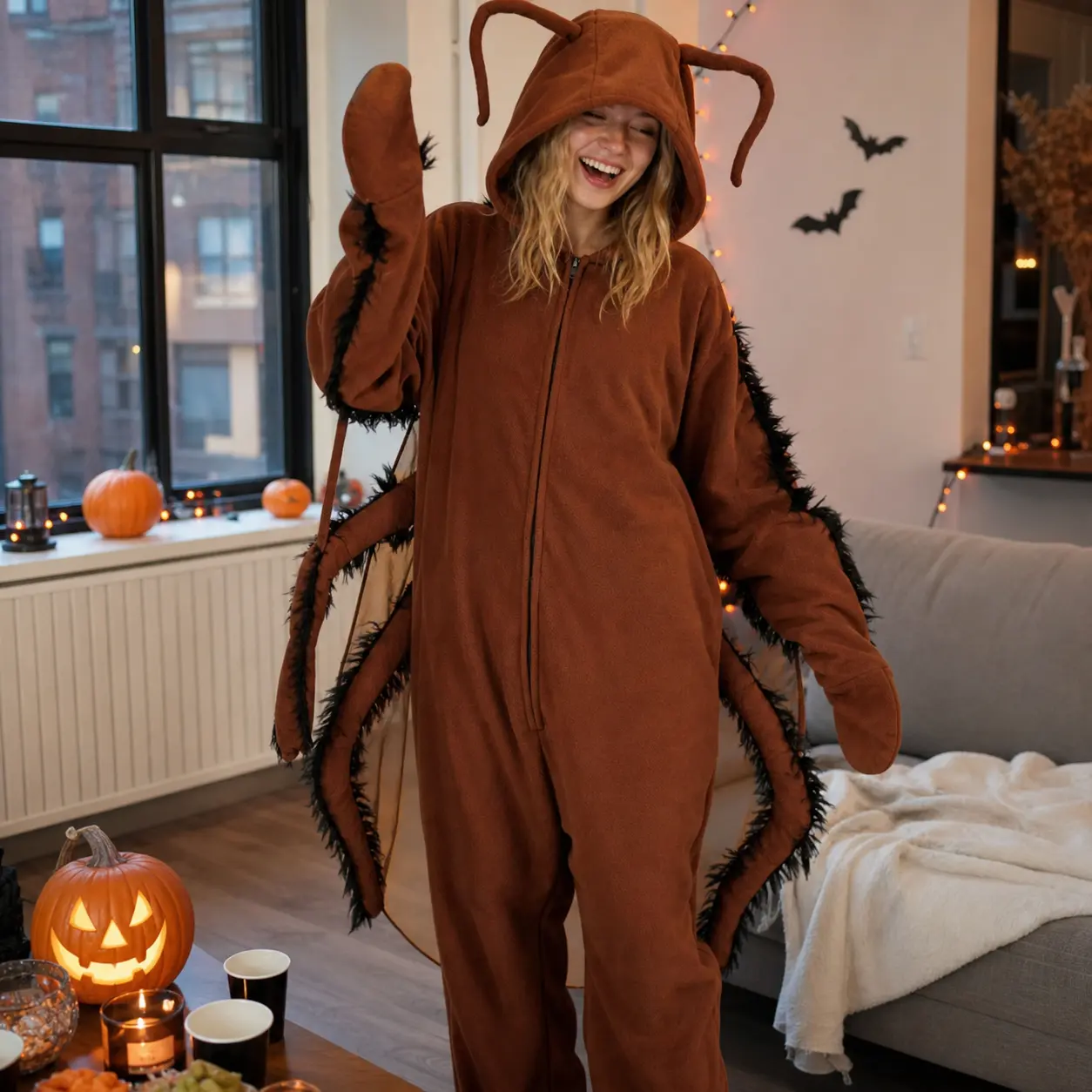 Women's Brown Cockroach Hooded Jumpsuit Costume - Cartoon Bug 1-Piece Pajamas for Halloween Party Cosplay