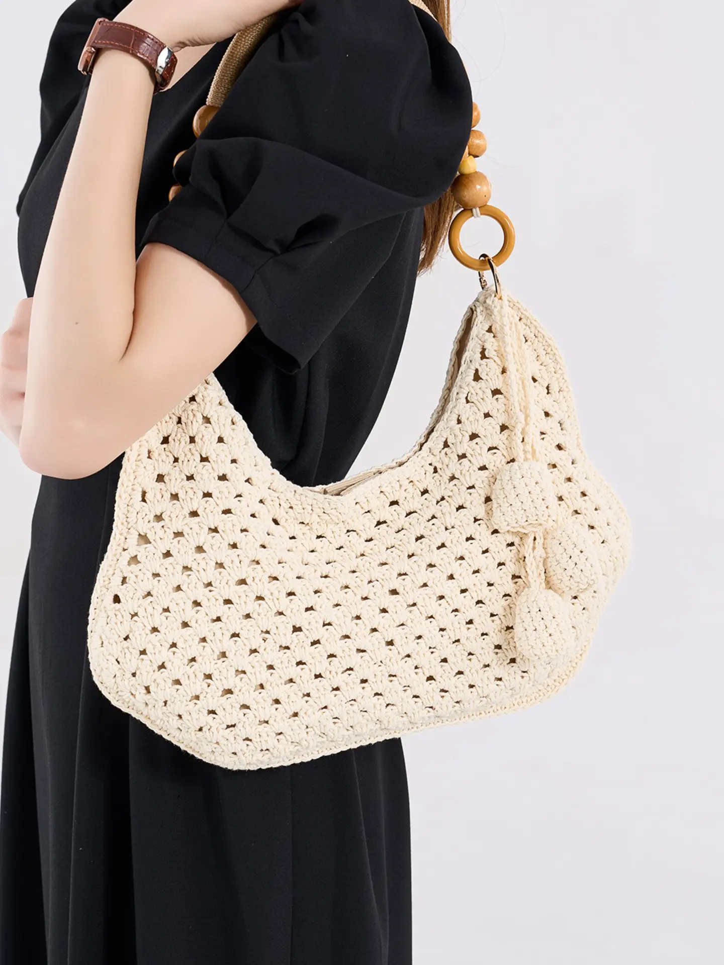 French Country Handmade Hollow Out Crochet Bag, Wooden Bead Shoulder Bag, Summer Beach Resort Crossbody, Elegant Hooked Flower Pendant, Casual All-Season Tote