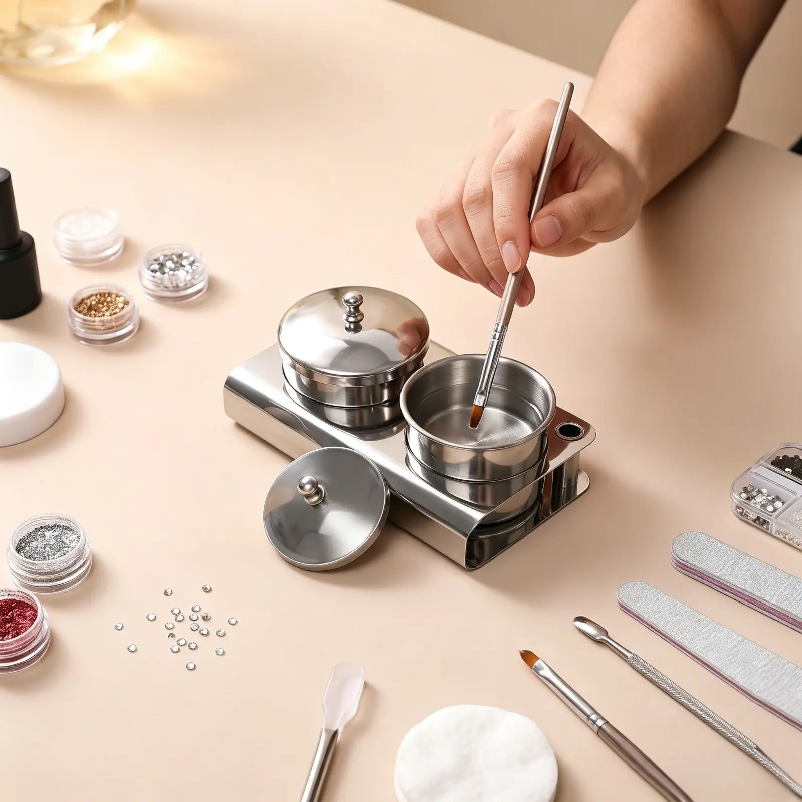 Stainless Steel Brush Cleaning Cup Set, Paintbrush Cleaner, Lidded Partition Container, Nail Art Organizer, Palette Cup, Gel Cup, Glitter Storage