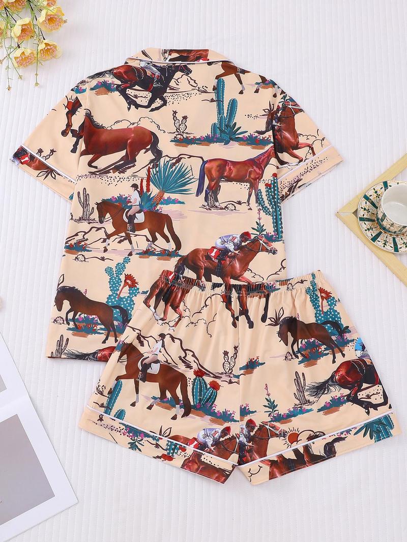 Women's All Over Cowboy Print Lapel Shirt & Shorts Pajama Two-piece Set, Casual Comfy Short Sleeve Top & Shorts PJ Set, Ladies Summer Sleepwear