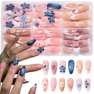 144 Almond Press-On Nails, Medium Length, 3D Petal Design, Acrylic Material, Steel Bead Decor, Ideal for Women and Girls, Daily Use