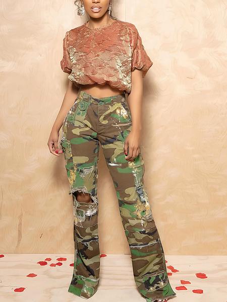 Women's Fashion Camouflage Print Cargo Pants, Casual Street Style Long Straight Leg Trousers, Spring & Fall Fitted Multi-Pocket Design