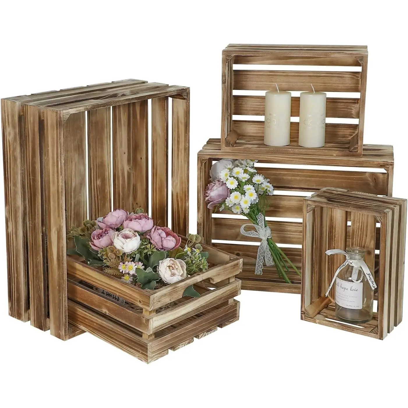5-Piece Large Nesting Wooden Storage Crates with Handles, Rustic Torched Brown Decorative Fruit Boxes with Cutouts, Farmhouse Home Organizers for Living Room Kitchen Display, Display Storage