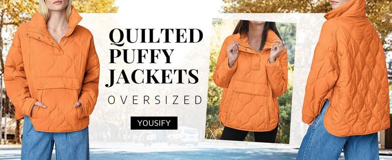 Imily Bela Womens Puffer Pullover Jacket Winter Quilted Hoodies Contrast Trim Hooded Puffy Coat Outerwear with Pockets