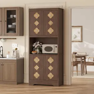 ✨ 72" Tall Reddish Brown Pantry Cabinet with Carved Doors & Crystal Handles – Vintage Storage Cupboard with Open Shelf for Microwave, Kitchen & Dining Room! 🏡