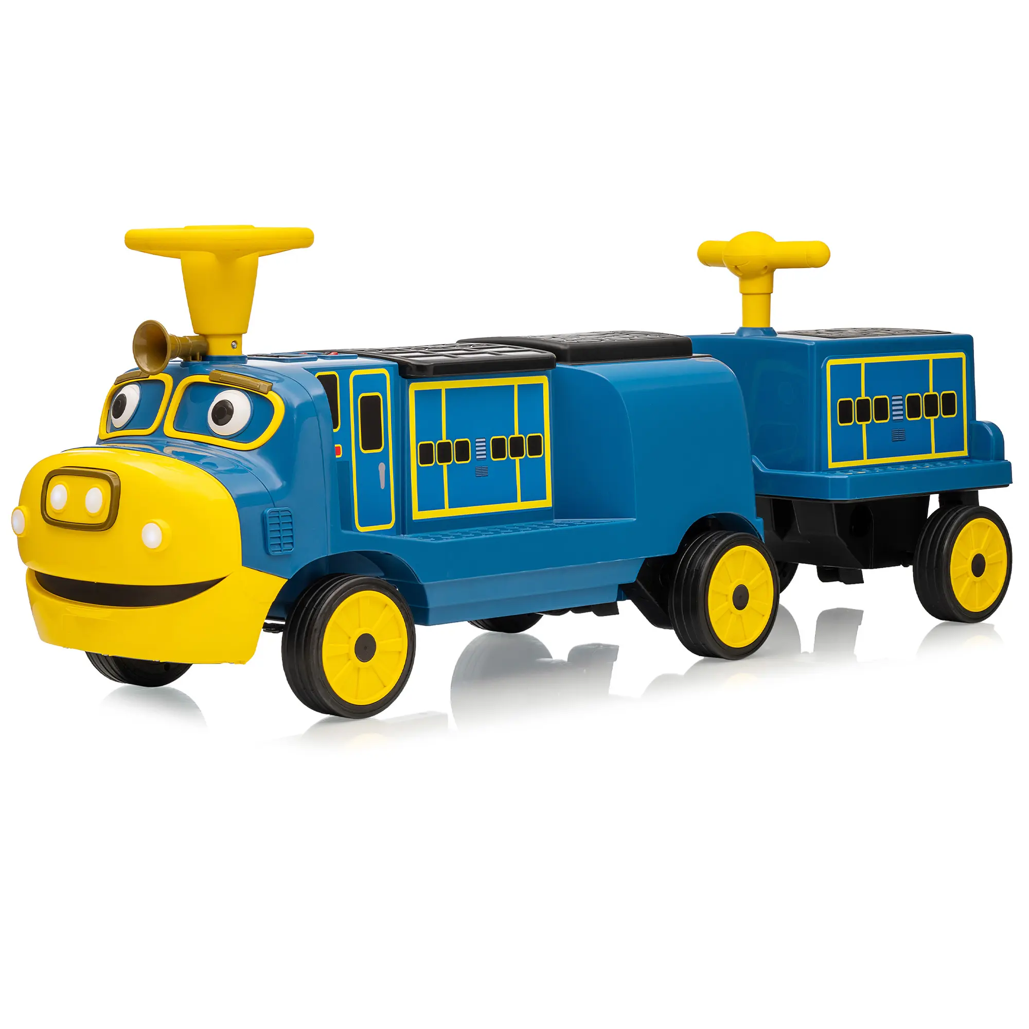 Garvee Licensed CHUGGINGTON 12V Kids Electric Ride On Train - Trackless Locomotive with Carriage - Adjustable Seat Height & Extra Storage - Headlight, Horn, One-Button Operation - Battery Powered Toy Vehicle