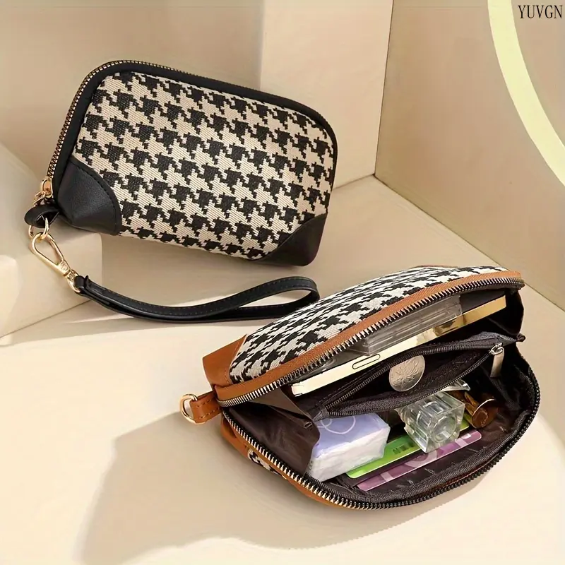 Elegant Houndstooth Zipper Clutch with Wrist Strap, Classic Mixed Check Pattern Multi-compartment Wallet, Portable Fabric Mini Bag, Versatile Daily Storage Pouch for Cards, Coins, Cosmetics, Casual Fashion Hand Purse for Women