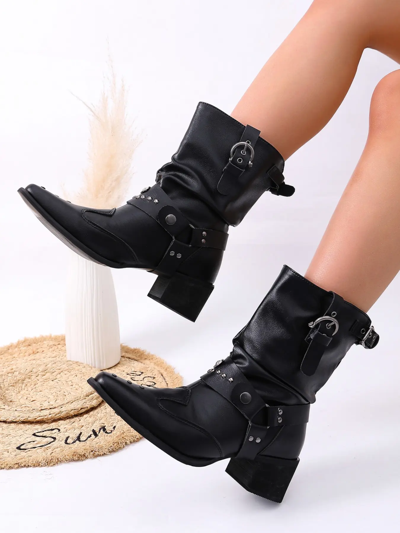 Women’s Harness Mid Calf Boots, Pointed Toe Block Heel Studded Buckle Strap Slouchy Western Biker Boots for Concert, Party & Fall Streetwear