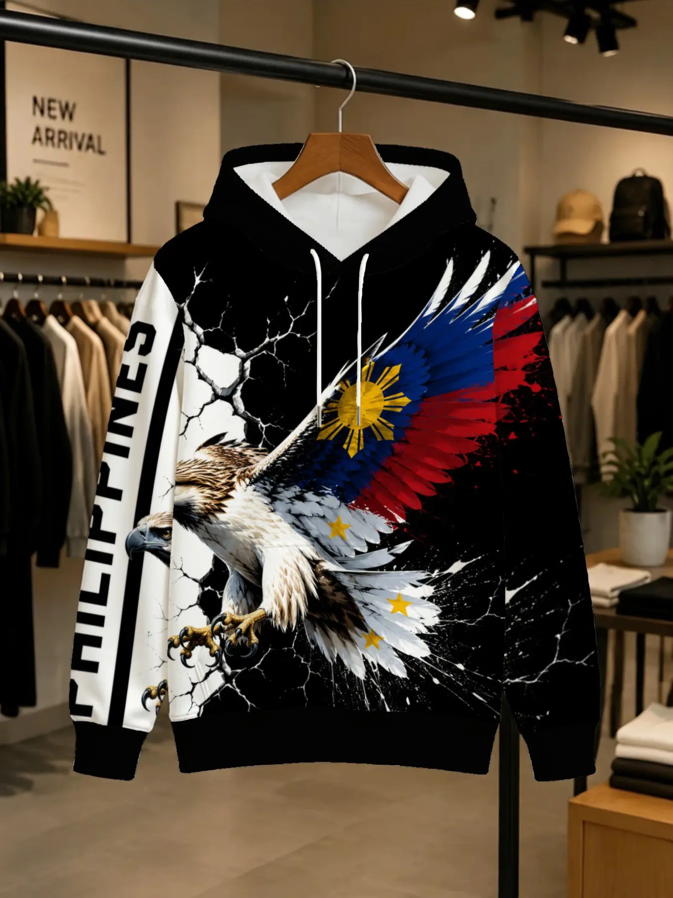 Men's Philippines Flag Eagle All-Over Print Hoodie, Loose-Fit Long Sleeve Casual Top, Spring & Fall Streetwear, Trendy Pullover