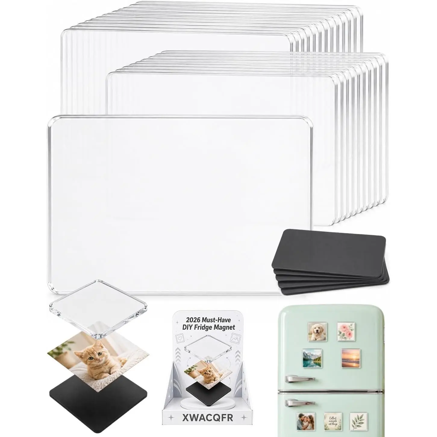 DIY Clear Acrylic Kit with Backing, Refrigerator Magnets, Photo Frames, Picture Craft Set, Square Photo Frame Pack for Office Classroom Decor