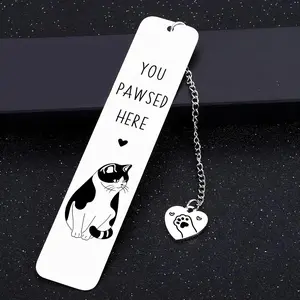 Cartoon Cat Animal Stainless Steel Bookmark with Heart Pendant, Casual Daily Page Marker for Readers, Creative Durable Metal Reading Accessory