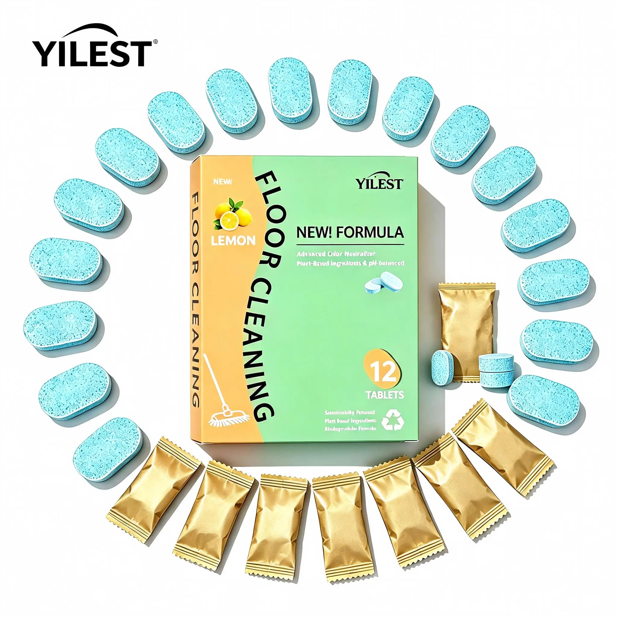 YILEST 12/24/48pcs -Pack Floor Cleaning Tablets available in lemon or mint scent eco-safe formula removes grime and odors dries fast with no residue safe for wood tile marble daily home cleaning
