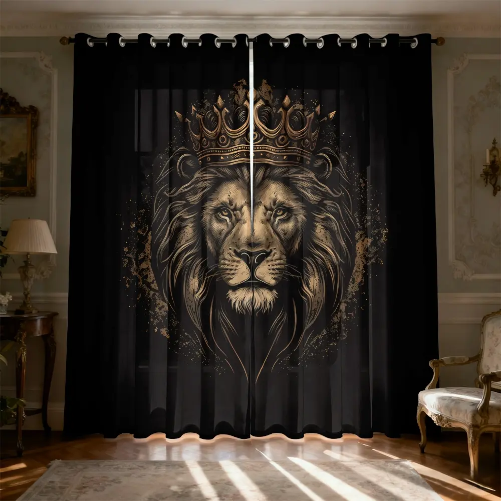 2 Panels Black Gold Crown Lion King Light Filtering Curtains, Brushed Fabric Digital Print Rod Pocket Soft Light Window Drapes Home Decoration Curtain for Living Room, Bedroom, Study Room Decor
