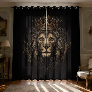 2 Panels Black Gold Crown Lion King Light Filtering Curtains, Brushed Fabric Digital Print Rod Pocket Soft Light Window Drapes for Living Room, Bedroom, Study Room Decor