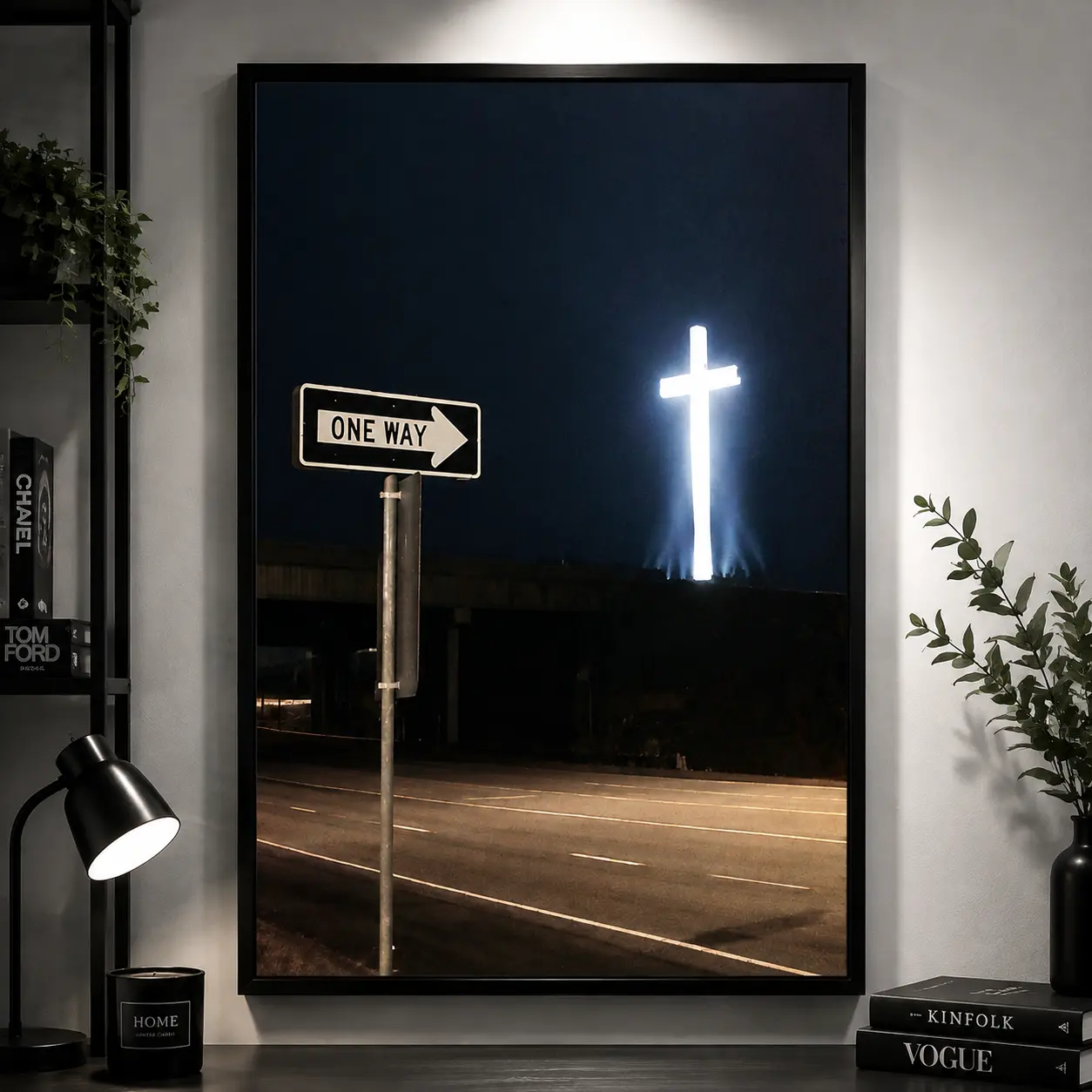 Glowing Cross Christian Canvas Poster, Night Road Faith Wall Art Print, Inspirational Jesus Religious Decor for Bedroom Living Room Prayer Room, Holiday Gift