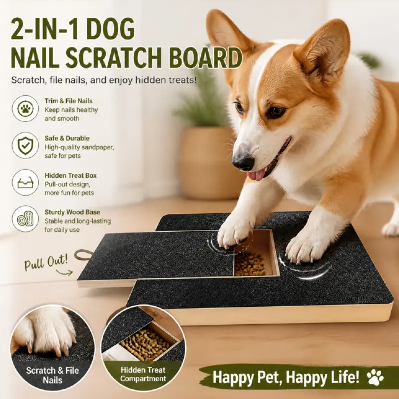 Wooden dog scratching board with pull-out sandpaper, dog nail scraping board with pull-out food box, dog play paw grinding board