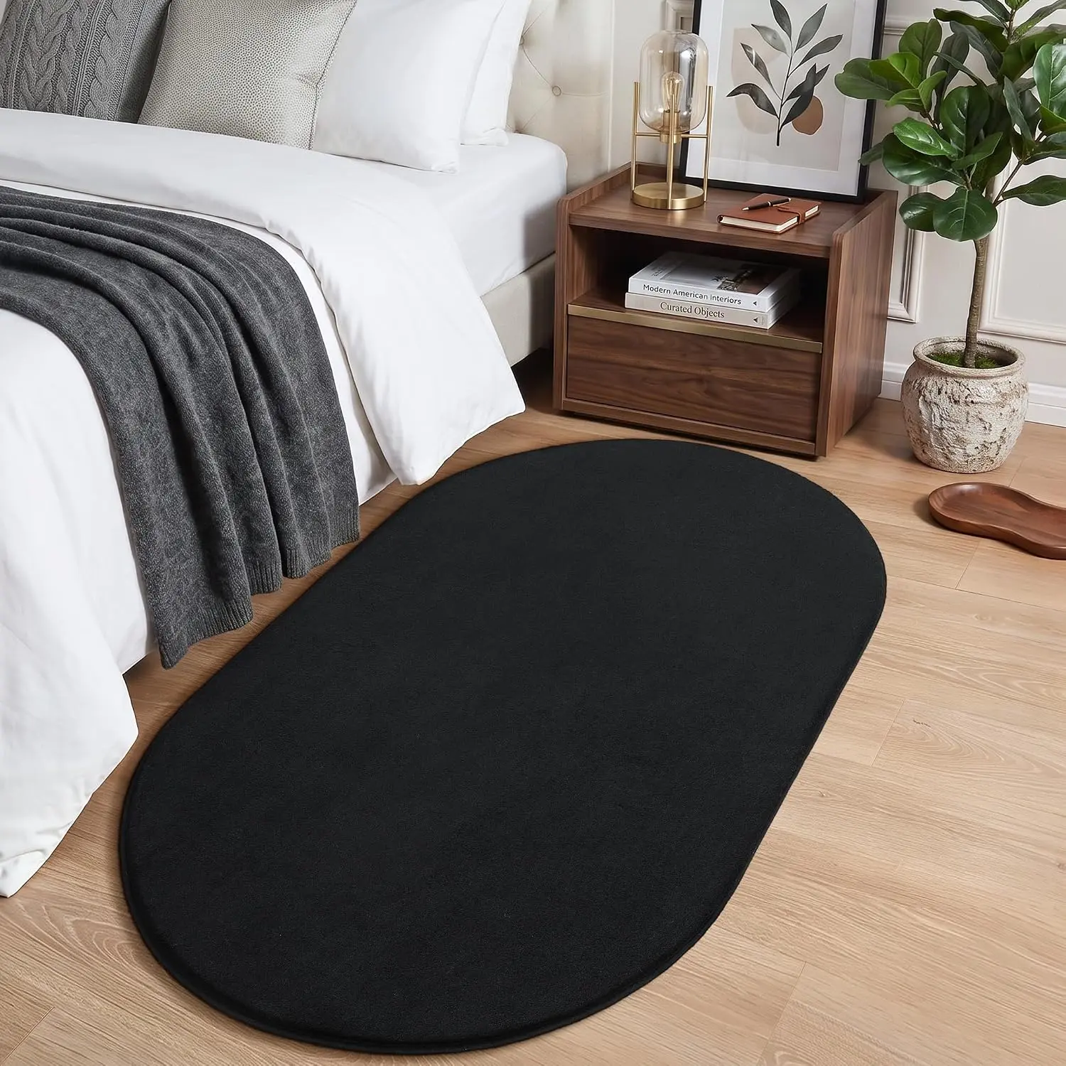Soft Oval Rugs for Bedroom, 2.6 x 5.3 Black Bedroom Bedside Rug | Thickened Memory  Rug with Upgraded Non-Slip  Backing,  Washable Rug for Boys Girls Dorm  Room Decor
