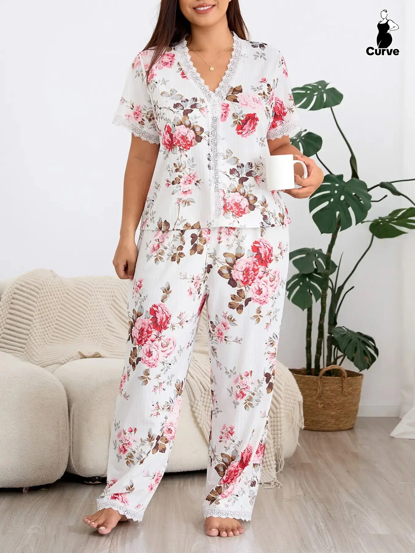Plus Size Women's Lace Trim Floral Print Pajama Set, V Neck Short Sleeve Long Pants, Comfortable Sweet Home Sleepwear Loungewear Comfy Pajamas