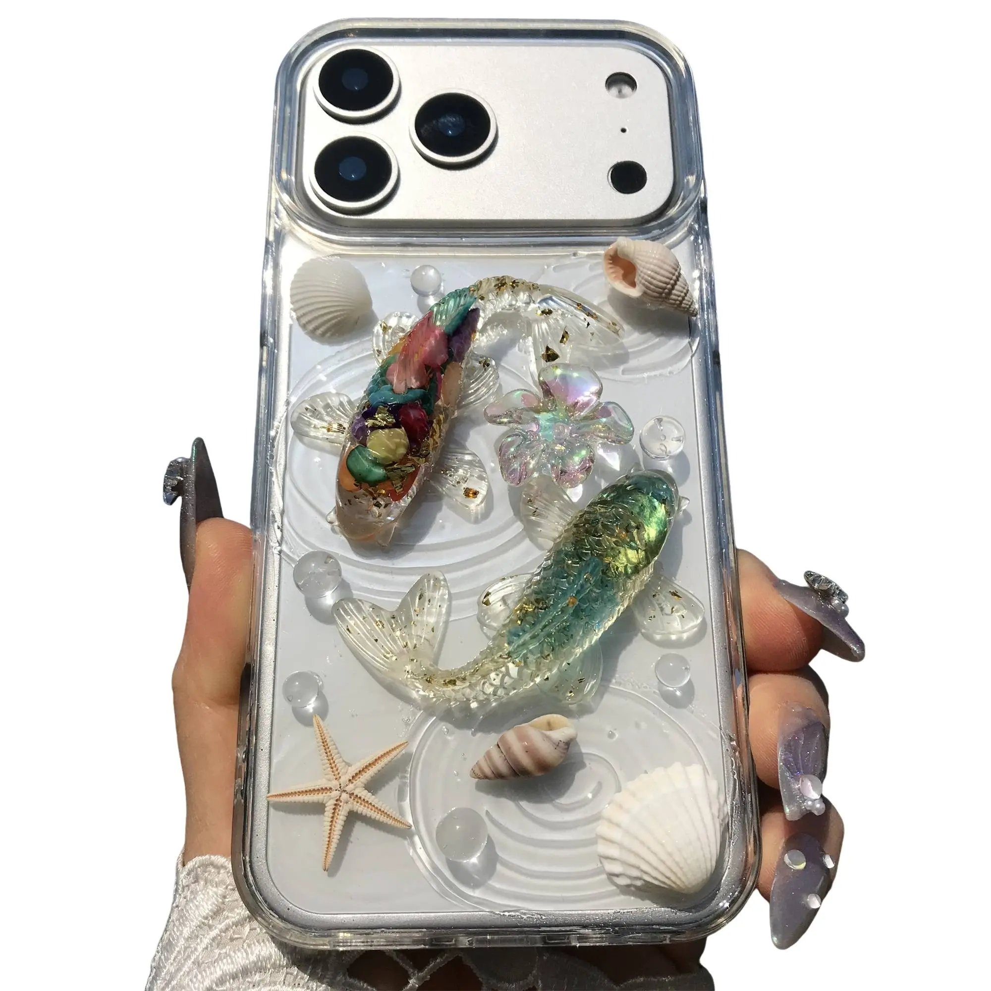 Handmade Phone Case for iPhone 16 15 14 13 12 Pro Max, Feng Shui Fish Pond Natural Shell Seashell Decorative Fashion Phone Case