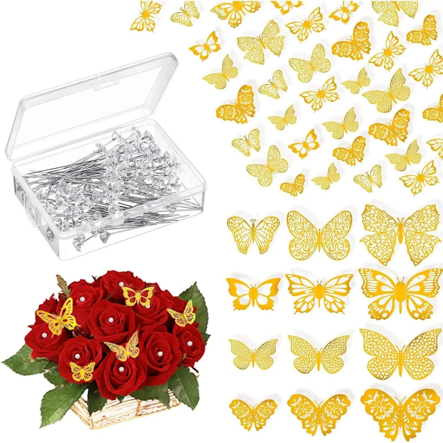 148pcs Flower Bouquet Accessories 3D Gold Butterfly Stickers and Diamond Corsages Pins for Mother's Day Valentines Wedding Birthday Party Floral Arrangement