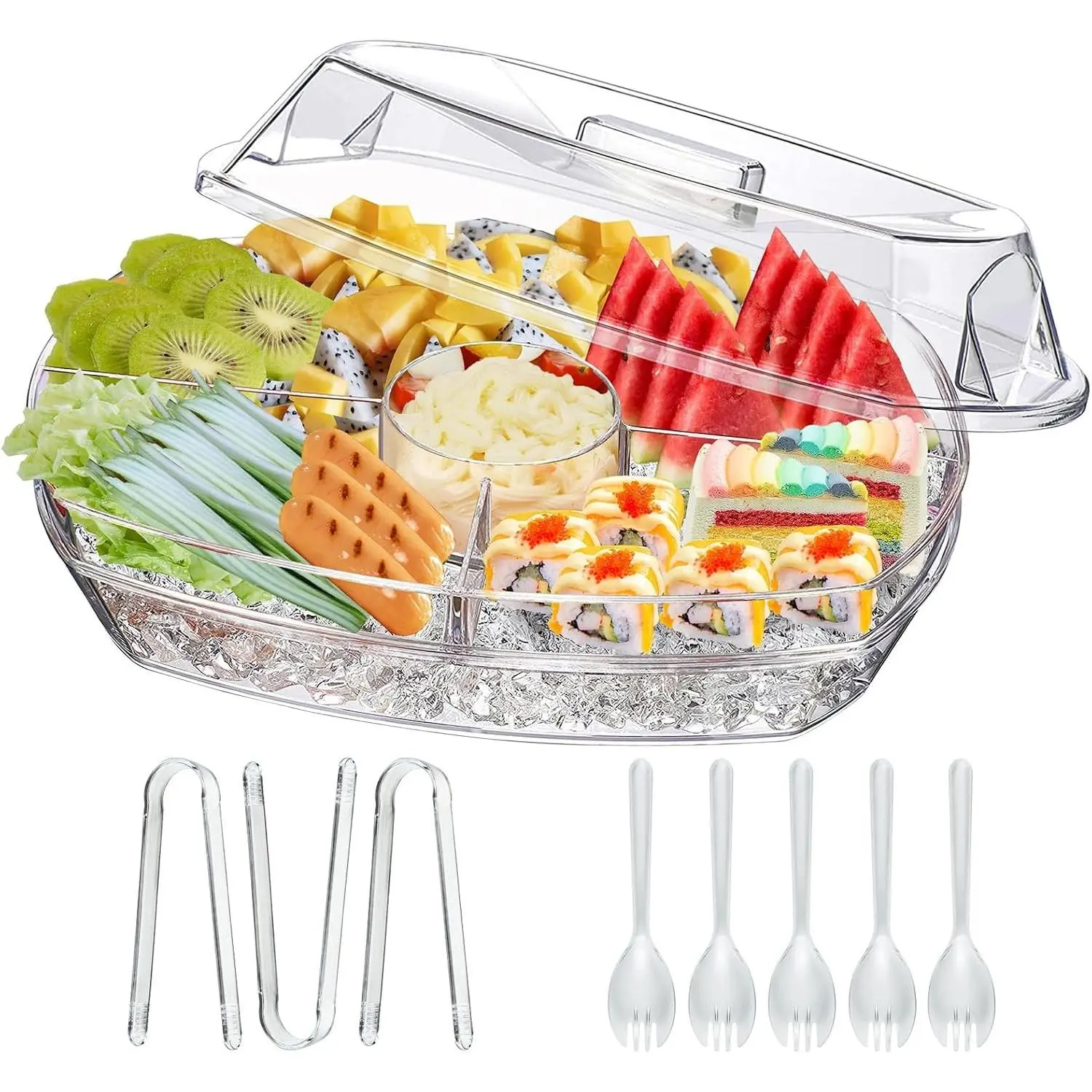 Ice Chilled Party Platter, 15 Inch Clear Veggie Fruit Trays with Lid and Dip, Cold Food Serving Trays for Parties, Charcuterie Boards with Ice Tray on Bottom