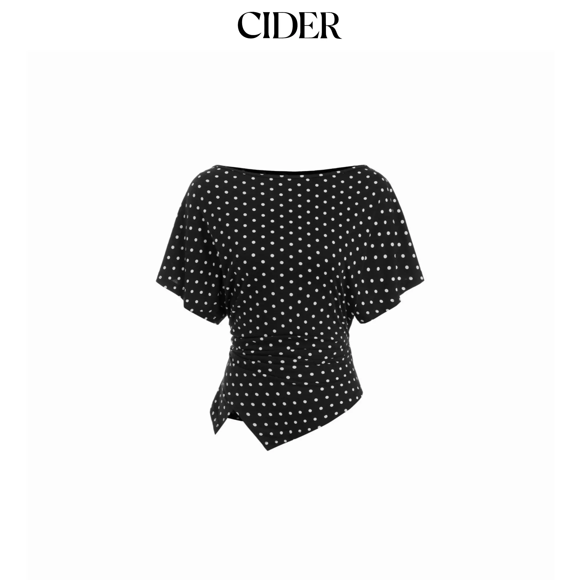 Cider Polka Dot Boat Neck Batwing Sleeve Ruched Asymmetrical Tee