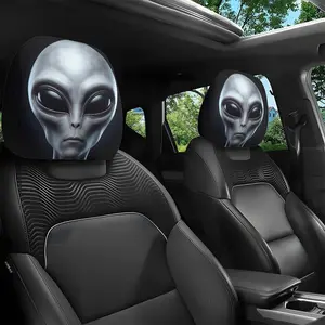 2pcs Mysterious Gray-Skinned Alien Pattern Headrest Covers, All-Weather Use, Printed Seat Accessories, Unfilled, Easy to Install, Suitable for Daily Commuting, Long-Distance Travel, and Holiday Trips, Halloween Decoration, Christmas Decoration