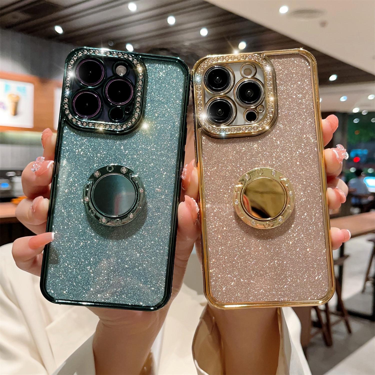 Bling Glitter Ring Case For iPhone 16 15 14 13 12 11 Pro Max Ring Holder Kickstand Case Plating Bumper Cover with Camera Lens Protector