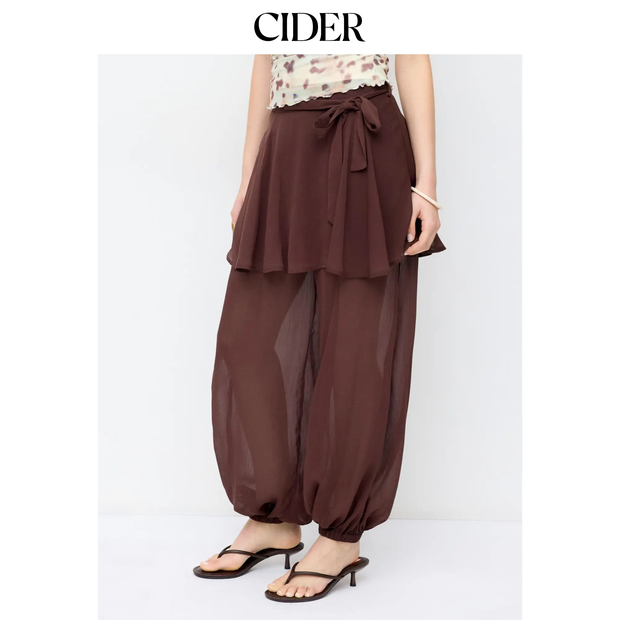 Cider Chiffon Low Rise Ruffled Knotted Bloomer Trousers