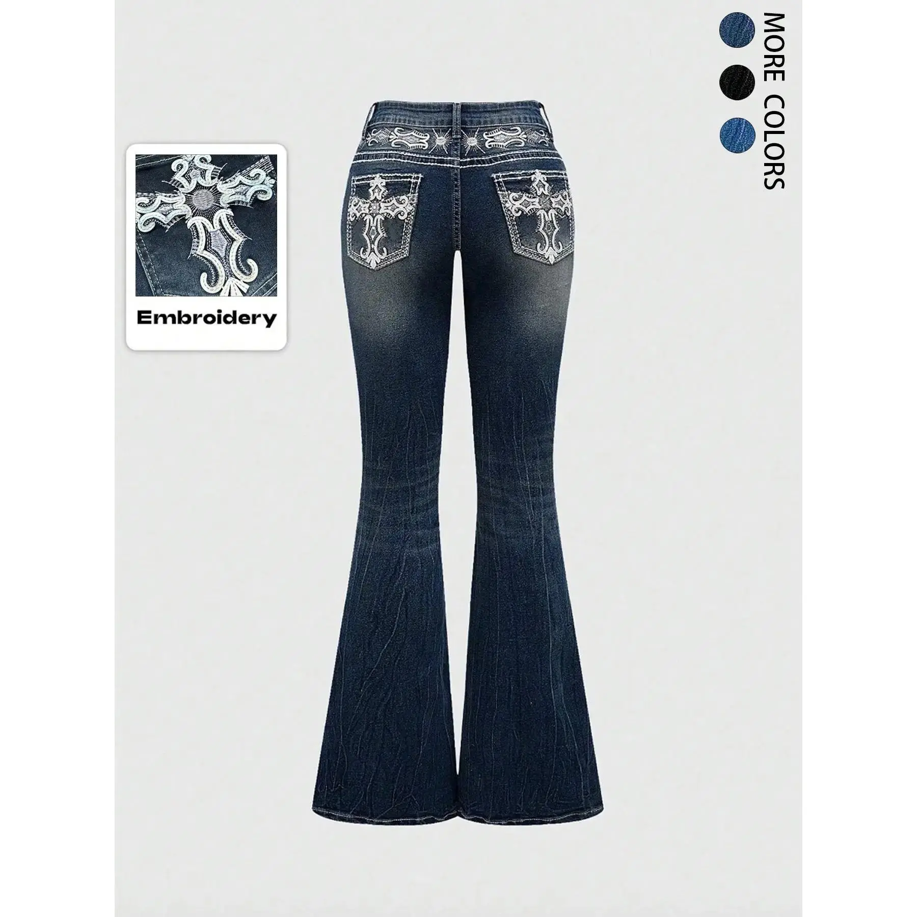 Grunge Punk Y2K Retro Poket Cross Wings Embroidered Flare Leg Fitted Stretch Jeans For Women Essential Embroidery Stretchable relaxed fit urban style modern denim everyday casual street comfort, gift for mom, must have