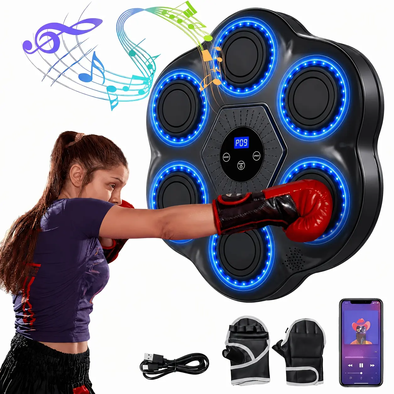 This wall-mounted smart boxing trainer has 12 speed levels and adjustable height. It is equipped with smart counting, LED lights and wireless music connection. Great for home workouts and family interactive entertainment. Free boxing gloves are included.