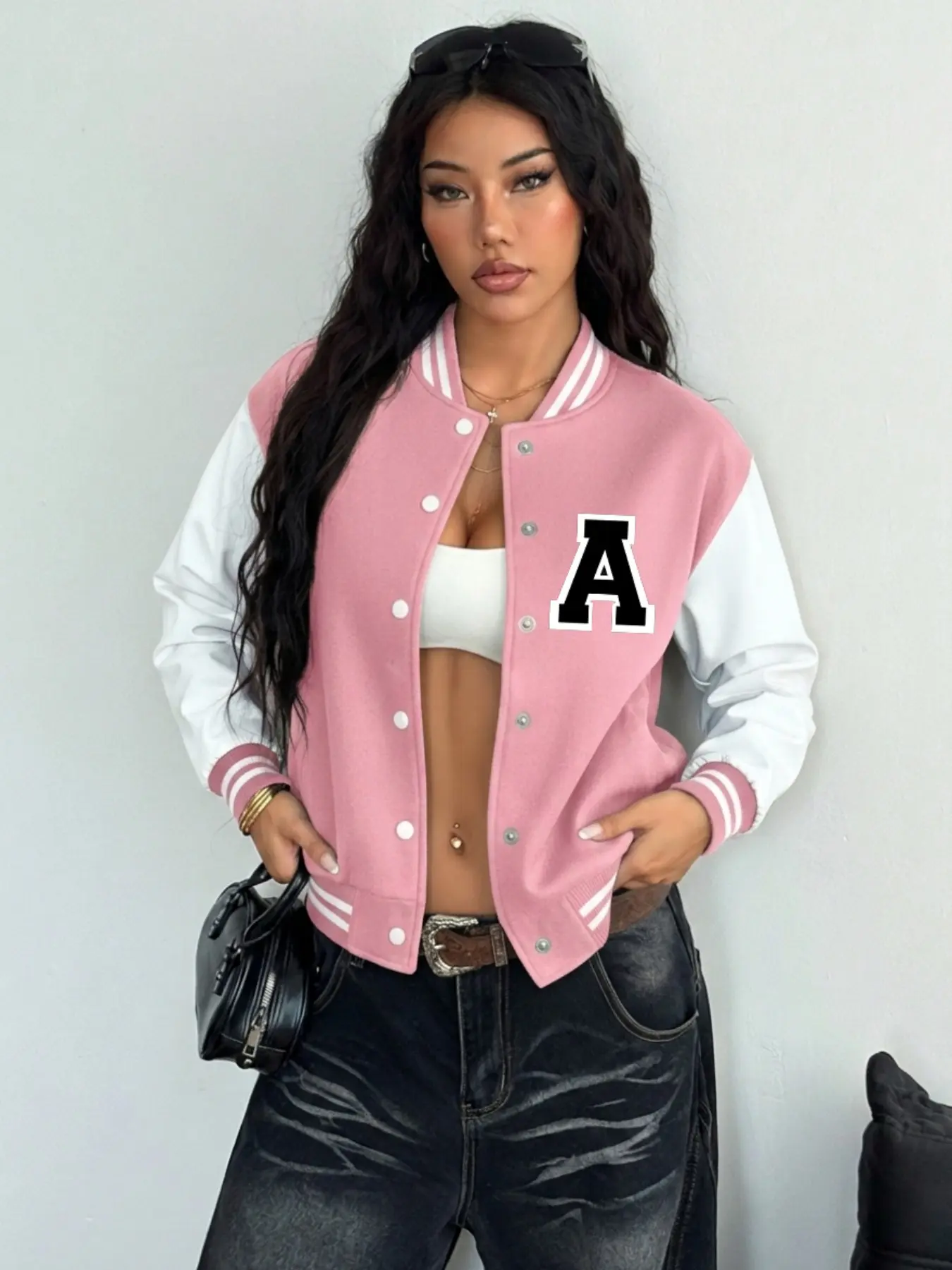 Women Letter A Print Casual Varsity Jacket Color Block Long Sleeve Button Down Baseball Coat Y2K Streetwear Bomber Jacket