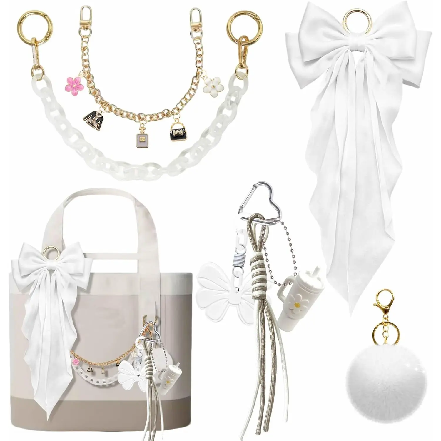 8PCS Tote Bag Decor Kit, Decorative Bow & Pom Pom Accessories, Compatible with YETI Camino 20/35/50 Carryall, Bogg Beach Tote Bags(White Frost)