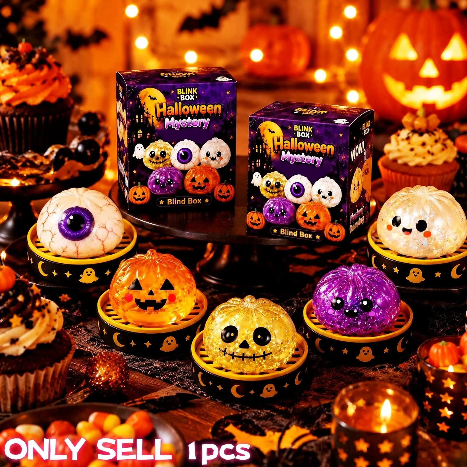 2026 New Halloween Mystery Blind Box Stress Relief Toy, Transparent Glitter Pumpkin Ghost Eye Squeeze Doll, Halloween Party Gift, Kids & Adults