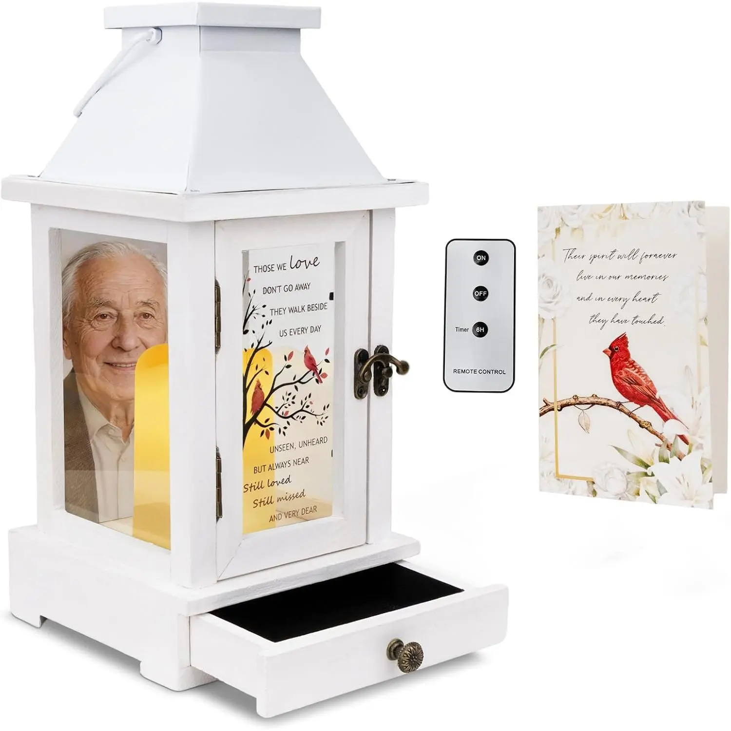 Memorial Lantern Bereavement Gifts in Memory of Loved One Memorial Condolence Gifts in Memory of Deceased Mother or Father with a Drawer for Keepsakes & a Photo Holder LED Candle and Remote(White)