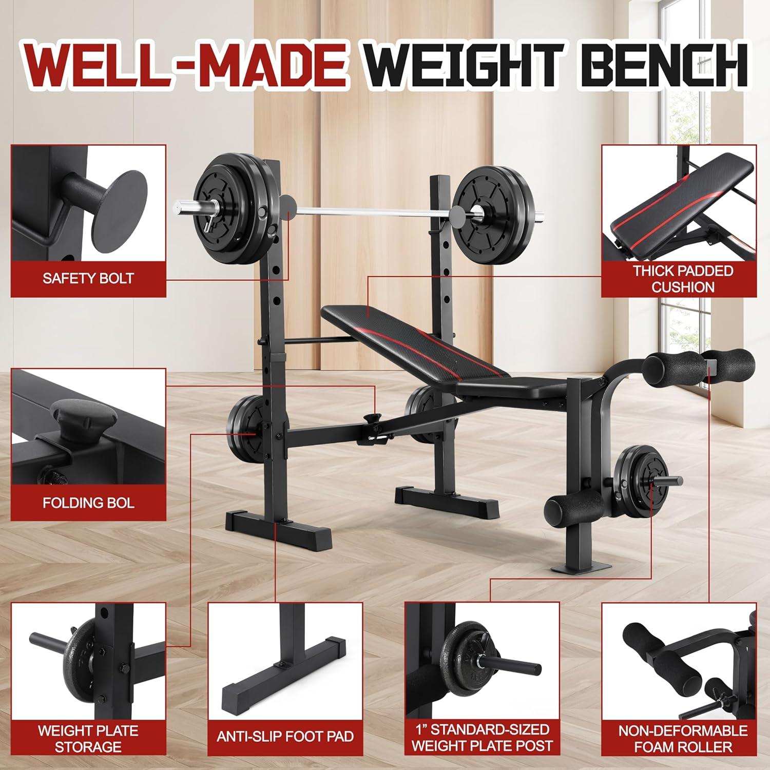 Multi-Function Weight Bench Set with Squat Rack Leg Extension & Leg Curl Adjustable Workout Bench for Full Body Fitness Foldable Flat/Incline/Decline Upgrade Bench Press for Home Gym