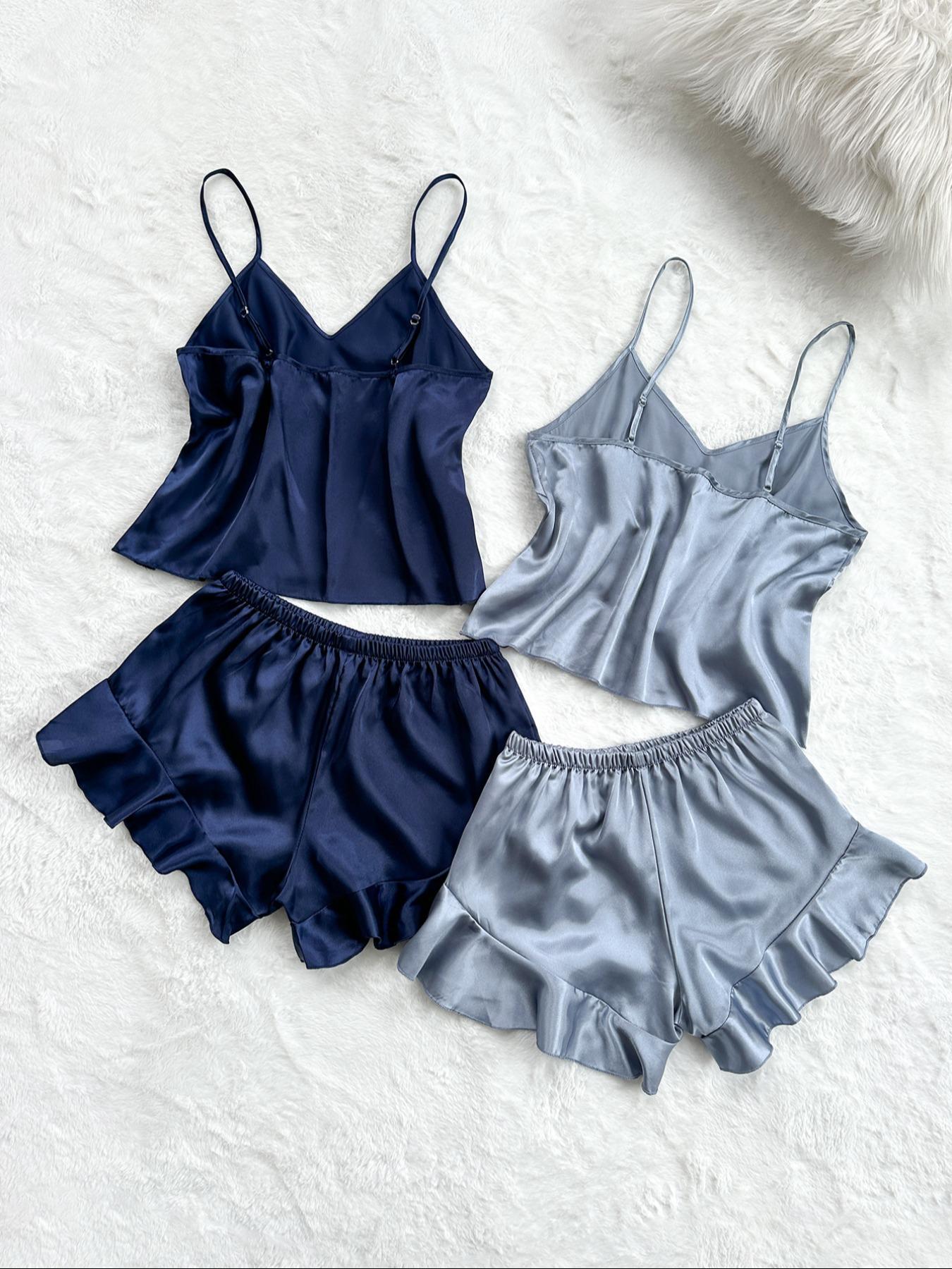 Women's Solid V Neck Cami Top & Elastic Waist Bow Decor Shorts Satin Pyjama Set, Elegant Adjustable Spaghetti Strap Camisole & Ruffle Hem Shorts PJ Set, Ladies Sleepwear for All Seasons, Camisole Sets