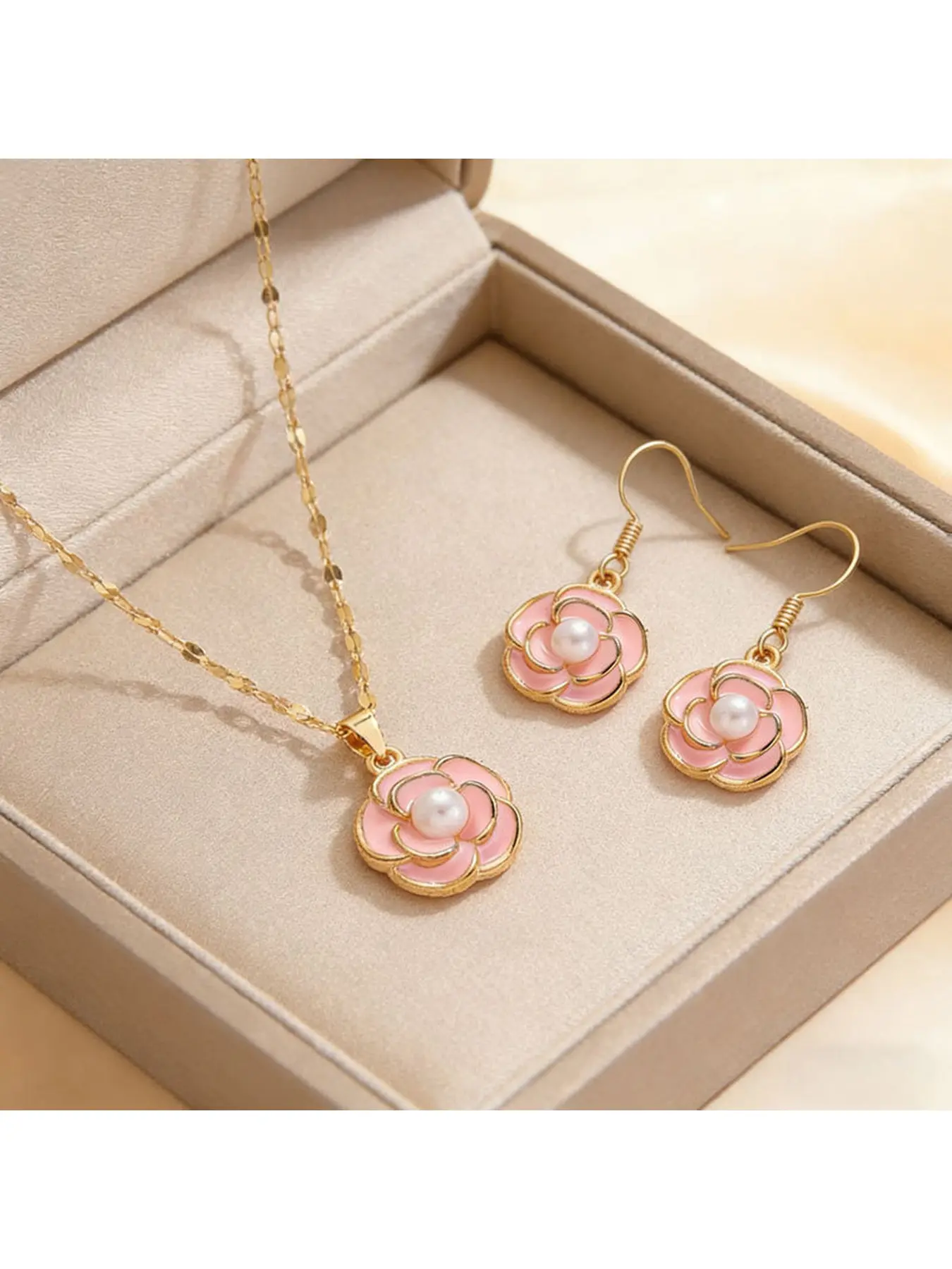 Korean-style elegant Chanel-inspired pearl-like floral oil-drip pendant camellia necklace and earrings jewelry set for women as a gift