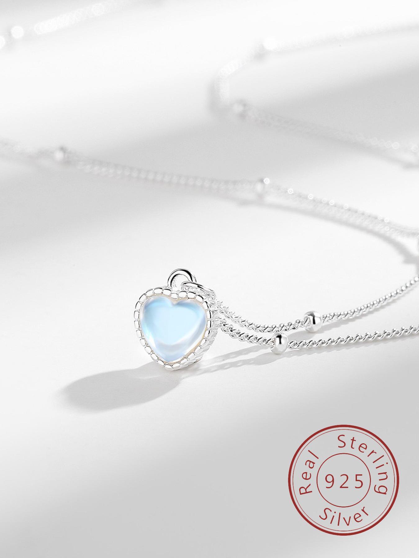 925 Sterling Silver Fashion Heart Shaped Moonstone Pendant Necklace for Women, Fashion Jewelry for Party, Daily Clothing Decor, Birthday Gift, Dainty Necklace