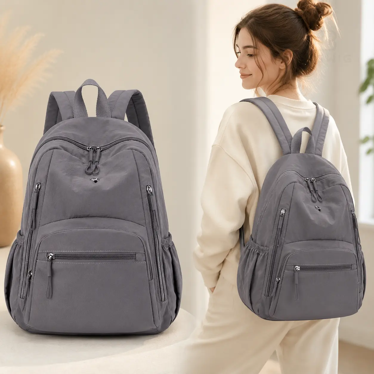 Lightweight Waterproof Backpack, Parachute Nylon Puffer-Style Daypack with Multiple Zipper Pockets and Side Pockets for Women, Work, Travel, School, Gym, Everyday Carry Bag
