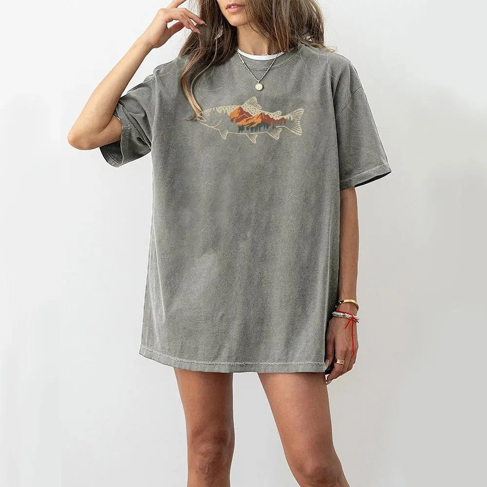 Women's Cotton Round Neck Washed Look Short-Sleeve Tshirt - Plus Size, Cute Preppy Holiday Mountain-Fish Mix Pattern Casual Streetwear Basics Top