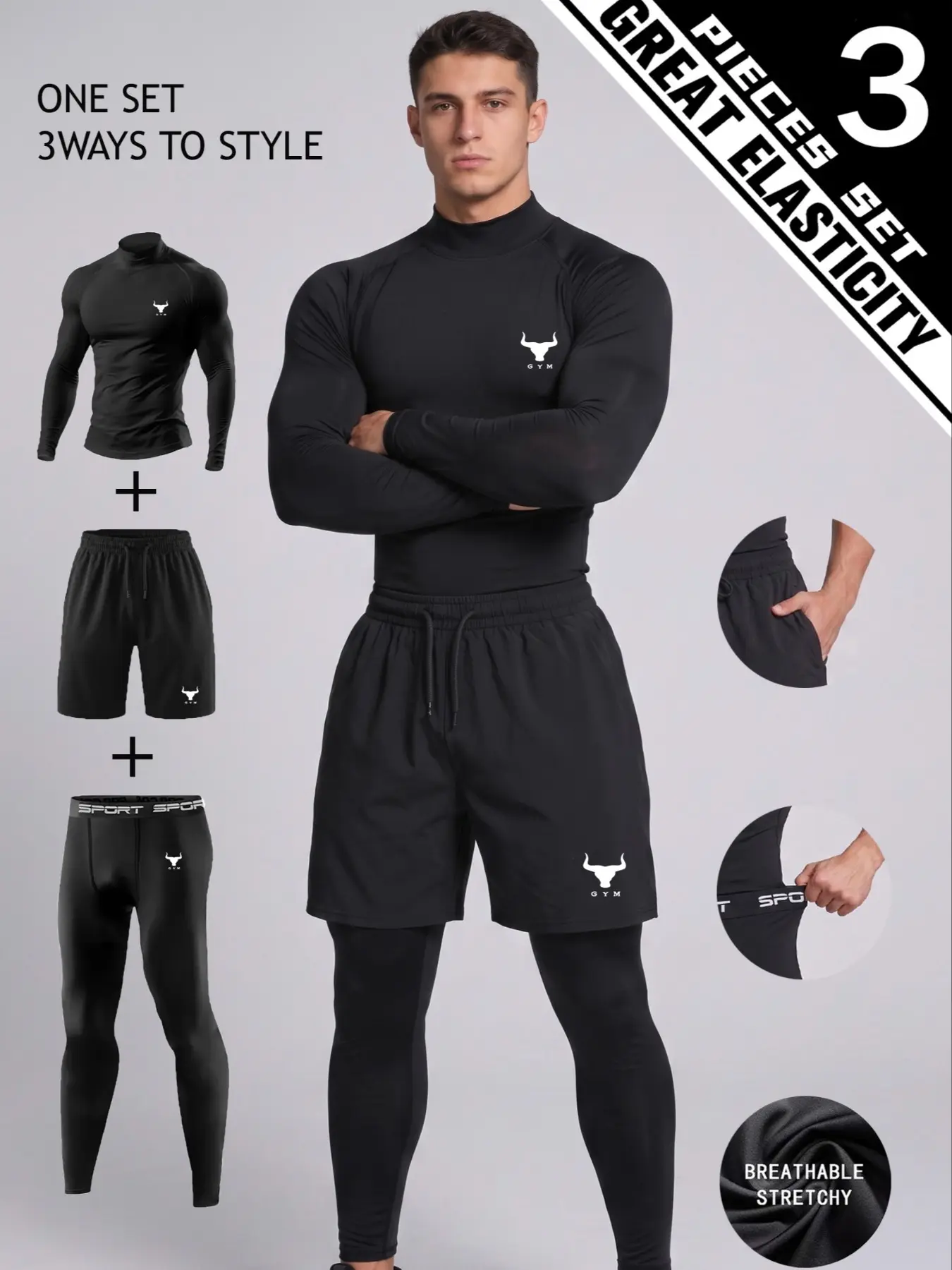 Men's 3-Piece Athletic Workout Set, GYM Bull Head Graphic, High Neck Long Sleeve Fitness Top + Compression Pants + Sports Shorts, Soft Breathable High Stretch Performance Activewear for Gym, Running, Strength Training, Outdoor Fitness & Daily Wear